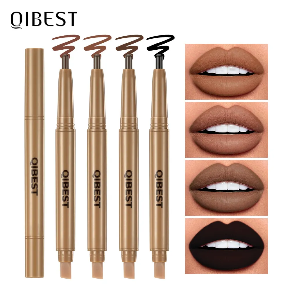 Se silikonovým štětečkem Tužka na rty Dvojhlavá automatická Hedvábně jemná Káva Hnědá Rozmazávání Plný Tvar rtů Obrys Kontury Make-up — image 2