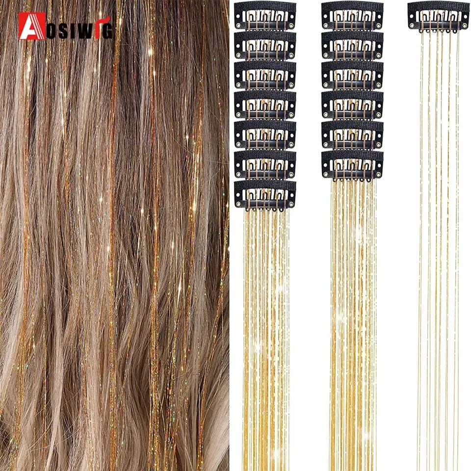 12 pièces/paquet Extensions de cheveux blonds scintillants pince en arc-en-ciel brillant étincelant guirlandes de cheveux résistant à la chaleur étincelle Extensions de cheveux pour W — image 9