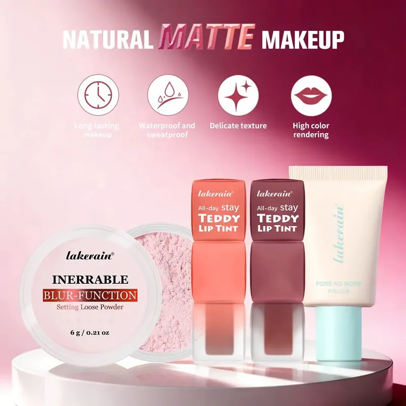 4 teile/satz Pore No More Primer + Lippentönung + Lose Abbindepuder Make-up-Set Matte Langlebige Wasserdichte Wirkung Reise Tragbar — image 3
