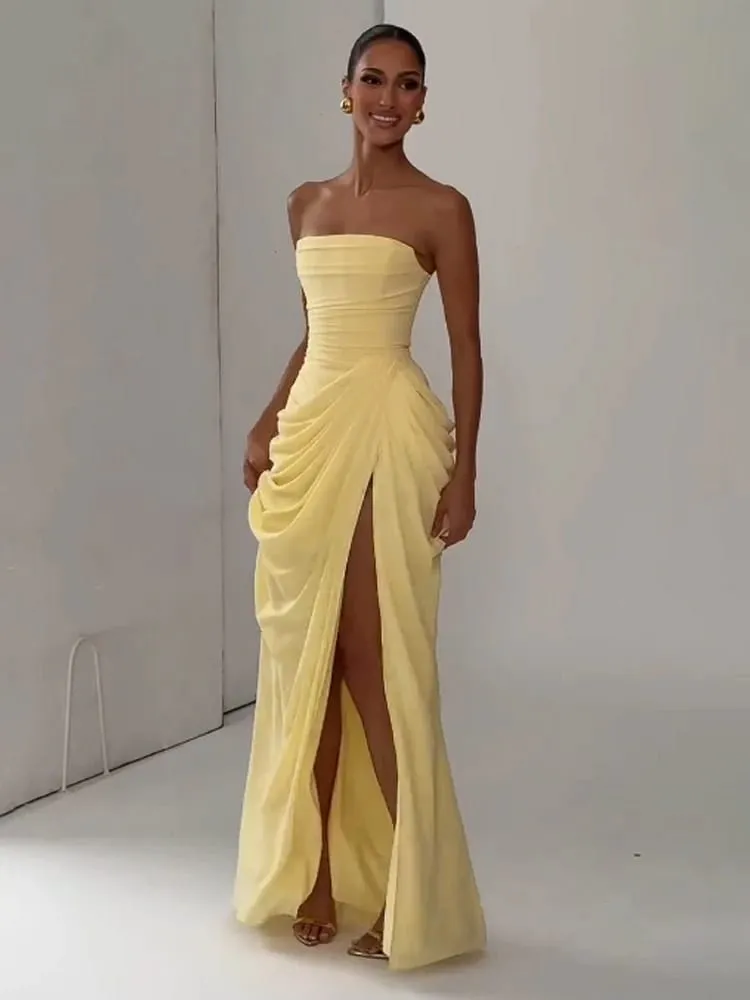 Abito da donna sexy a pieghe solido Lady Chic con spalle scoperte Senza spalline Abiti spaccati a vita alta 2026 Abito da sera estivo — image 3