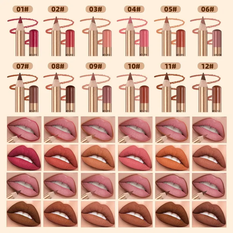 12 PCS Lipliner ชุด Waterproof Matte Lip Pencil ลิปสติก Lip Liner ปากกา Smooth Nude ลิปสติกปากกาสำหรับเครื่องสำอาง — image 3