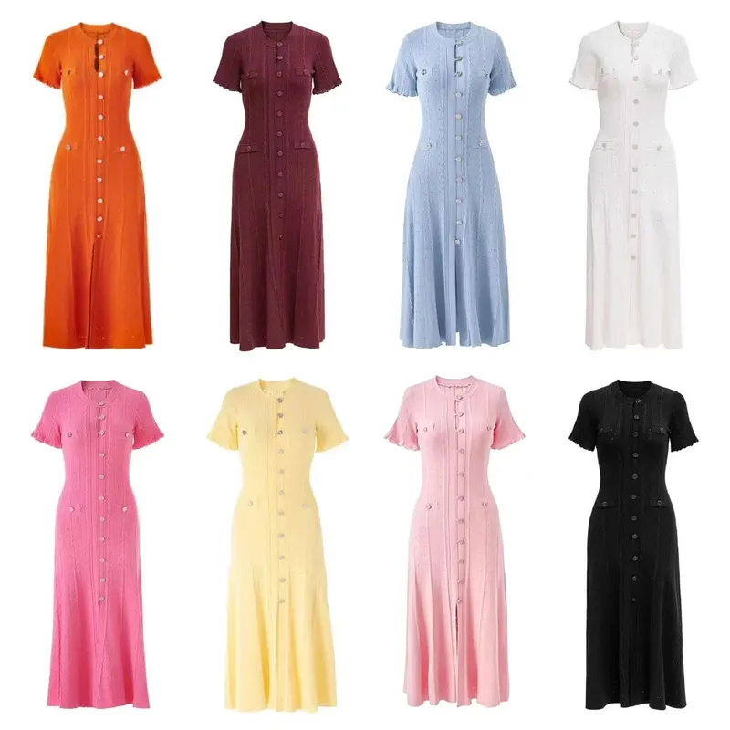 Musim Panas Wanita Elegant Rajutan Single Breasted Gaun Panjang Wanita Lengan Pendek O Leher Butang Bodycon Pesta Vestidos Wanita — image 2