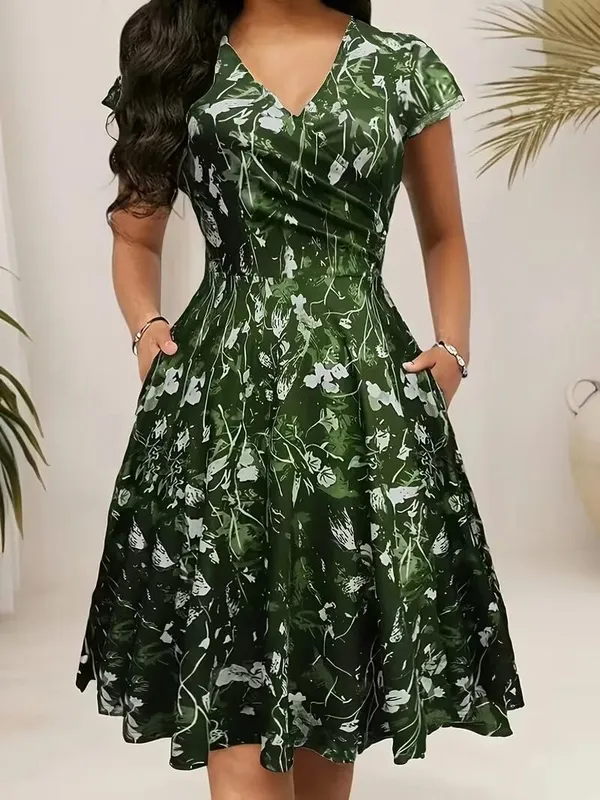Elegantes, mit Blumenmuster bedrucktes, mittellanges Taschenkleid mit V-Ausschnitt und Polyestermischungen für den Frühling, Sommer und Herbst. Drei-Jahreszeiten-Damenkleid — image 8