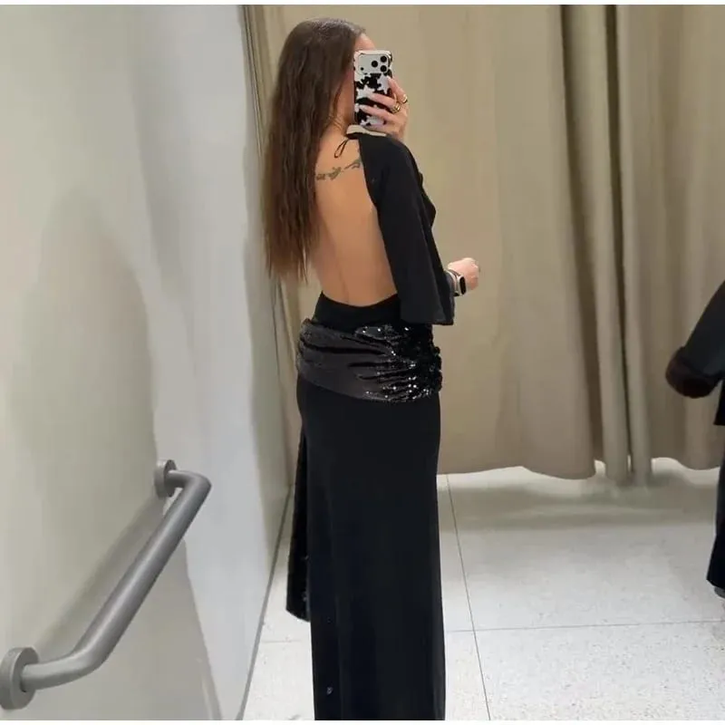 Gaun Maxi Payet Tanpa Belakang Tanpa Belakang Wanita Lengan Lebar Elegan Gaun Panjang Fesyen Baru Jubah Harian Pesta Petang — image 2