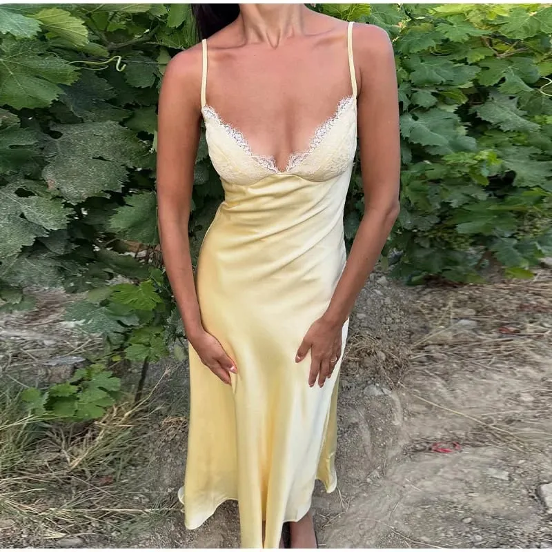 Robe longue en Satin pour femmes, dos nu, col en V, sans manches, fente, couleur unie, Sexy, Robes de soirée, vacances, été, 2026 — image 9