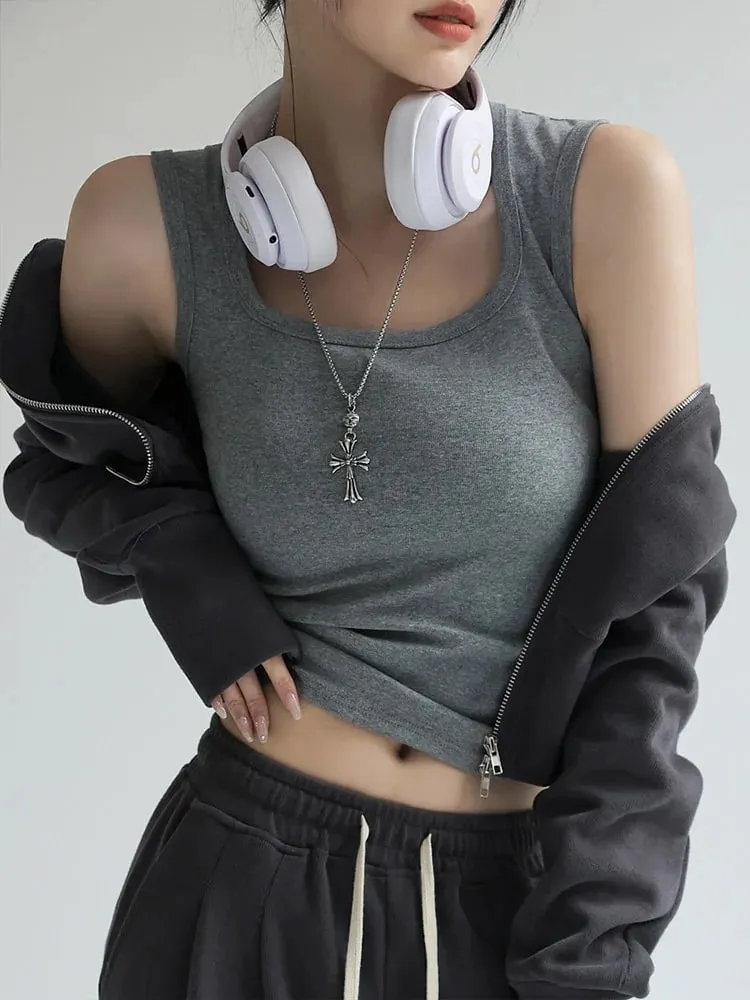 Tank Top Berusuk U Pepejal Wanita Kamisol Atasan Tangki Elastik Asas Musim Panas Wanita Atasan Tangki U Neck Padat — image 2
