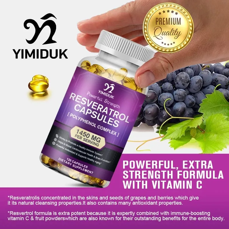 Resveratrol 1450mg Suplemen Antioksidan Trans-Resveratrol Menyokong Penghadaman Kardiovaskular Kesihatan Bersama & Sistem Imun — image 5