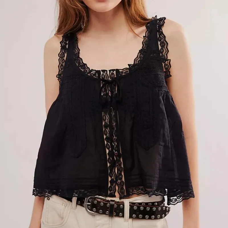 Y2Kปุ่มขึ้นลูกไม้Trim Patchwork Cami TopsหลวมFitรอบคอเสื้อกั๊กแขนกุดOutwear Gilet Crop Tank Topsสำหรับผู้หญิง