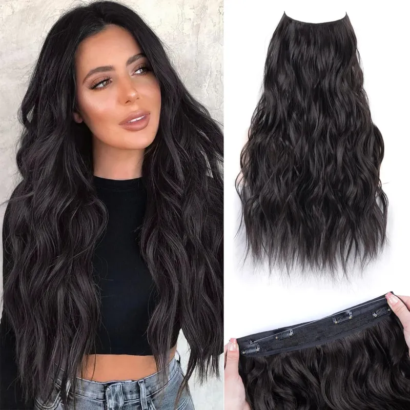 Extensions de cheveux synthétiques à fil Invisible, 4 Clips, ligne de poisson naturelle longue et ondulée, faux postiche une pièce pour femmes — image 10