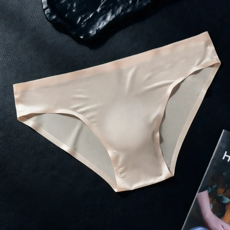 Slip sans couture pour hommes, sous-vêtements en soie glacée, pochette 3D, respirant, séchage rapide, taille basse, élastique, doux, couleur unie
