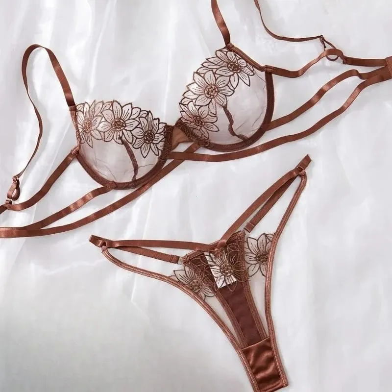 Set Bra Berwayar Berdawai Bersulam Bunga Mewah Berjala Wanita + Seluar Dalam — image 1