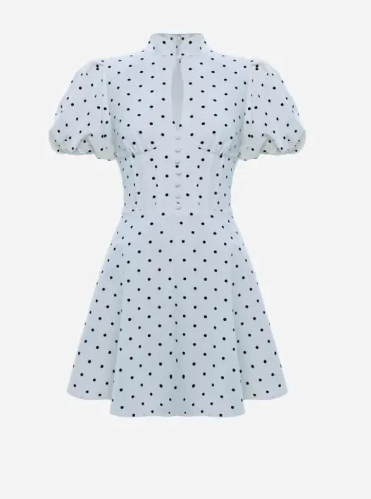 Retro Polka Dot Mini A-Linie Kleid Elegante Stehkragen Puff Kurzarm Taille-betonte Kleider 2026 Neue Dame Party kleider