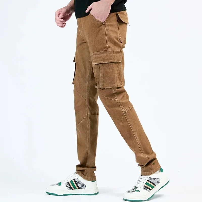 Pantalones Cargo de Mezclilla con Cintura elástica Estilo Callejero para Hombre, Vaqueros Informales de Corte Entallado y Lavado de Color sólido con múltiples Bolsillos para Uso Diario