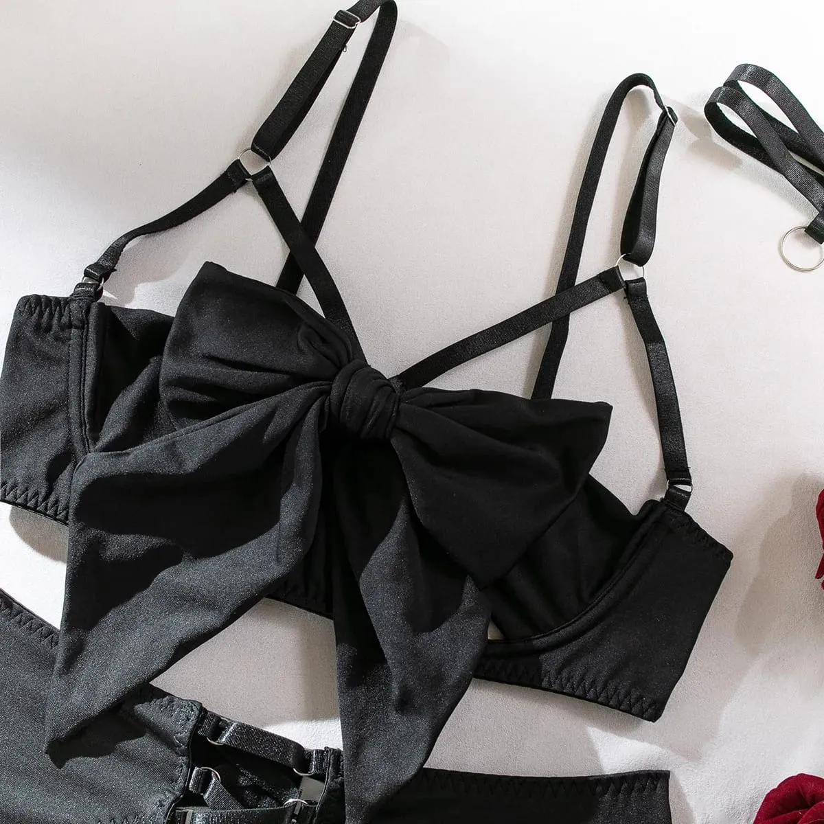 Ensemble de Lingerie Sexy avec nœud ajouré pour femmes, vêtements exotiques solides, sous-vêtements féminins de Style pur désir avec jarretelles et gants — image 5