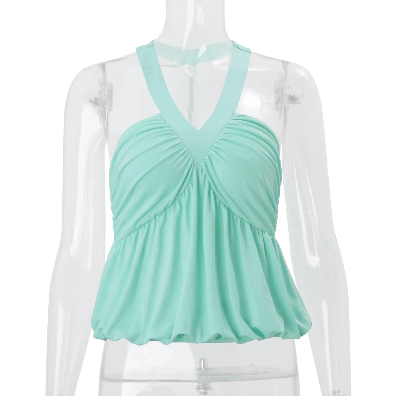 Typhaland Cross Neck-Mounted Camisole Damen Solide Sexy Rückenfreie Taille Cinching Plissee Stretch Casual Pendeln Weibliches Top