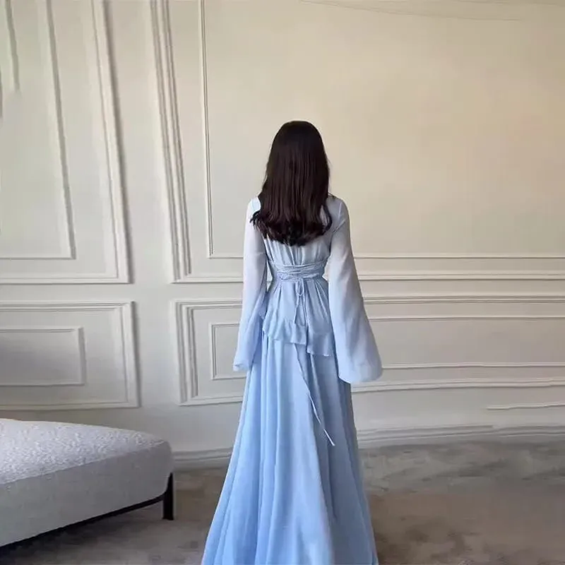 Women Chiffon Solid Ruffled Dress Flare Sleeve Round Neck 2025 New Elegant Maxi Gown Evening Party Fashion Holiday Lady — image 3