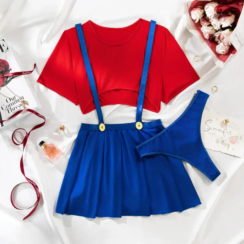 Maid RolePlay Lingerie Set Babydoll Dress Crop Top 3Piece Costume with Pleated Skirt Sexy Underwear for Women