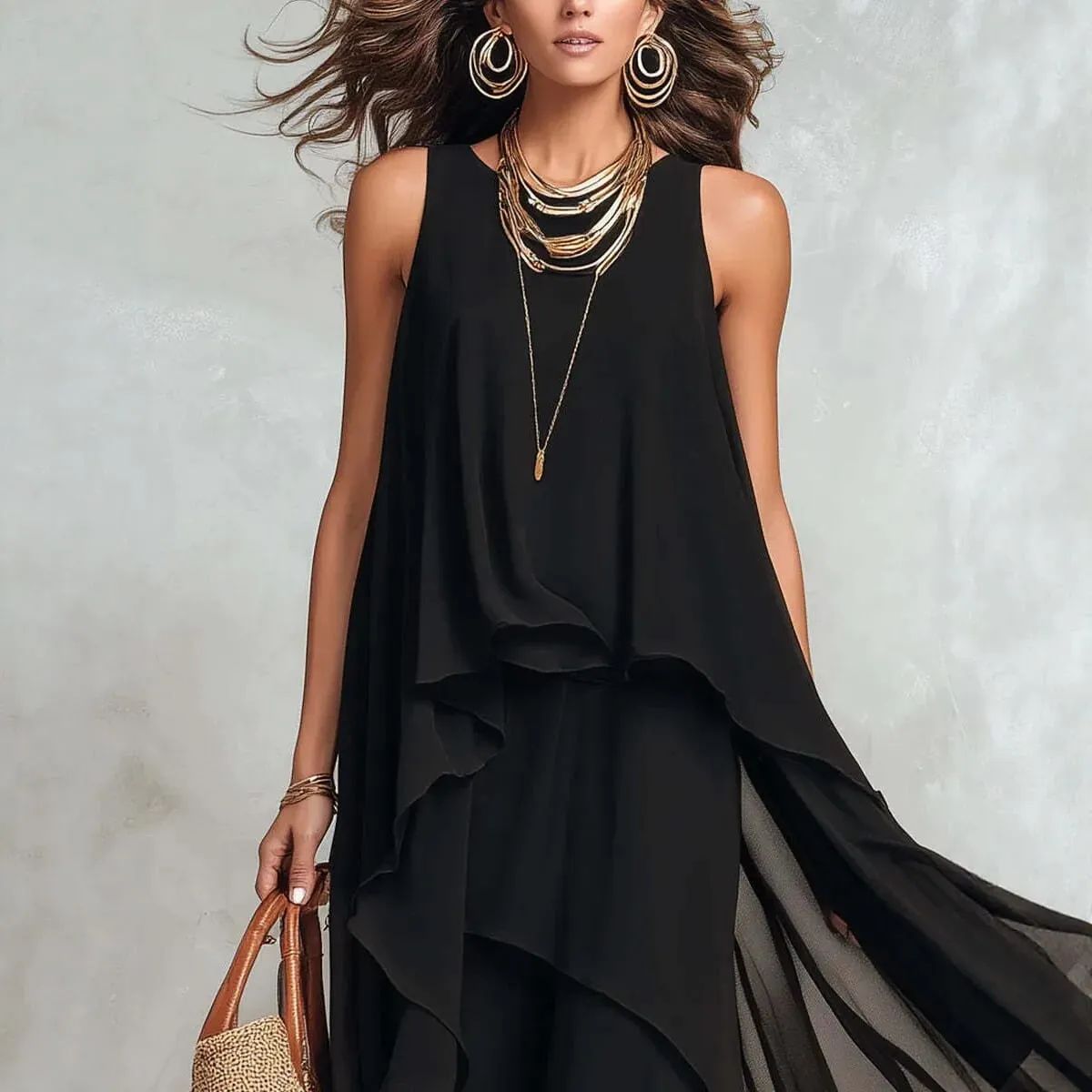 2026 Nuovo abito lungo in chiffon irregolare senza maniche nero con temperamento elegante per abito da donna — image 3