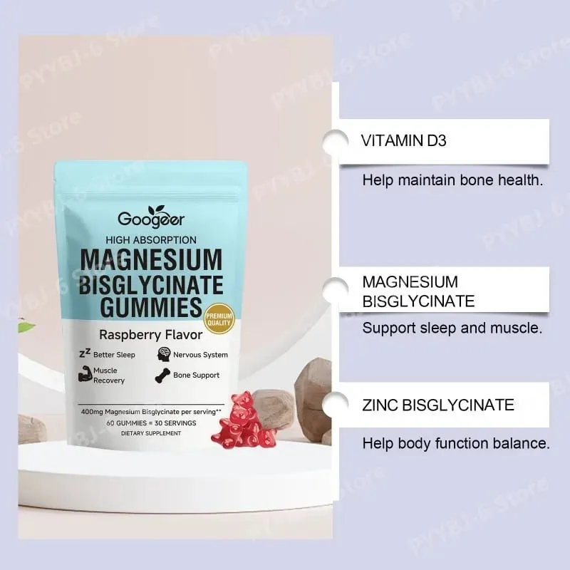 Gomas de bisglicinato de magnésio 400 mg sabor framboesa apoia a saúde óssea e função muscular suplemento dietético para adultos 60 contagem