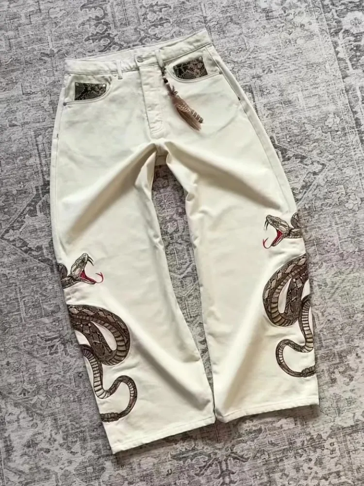 Dạo Phố Retro Rắn Quần Jean Boa Thêu Đồ Họa In Trăn Túi Quần Denim Y2K Xu Hướng Unisex Quần Baggy Ống Suông Quần — image 3