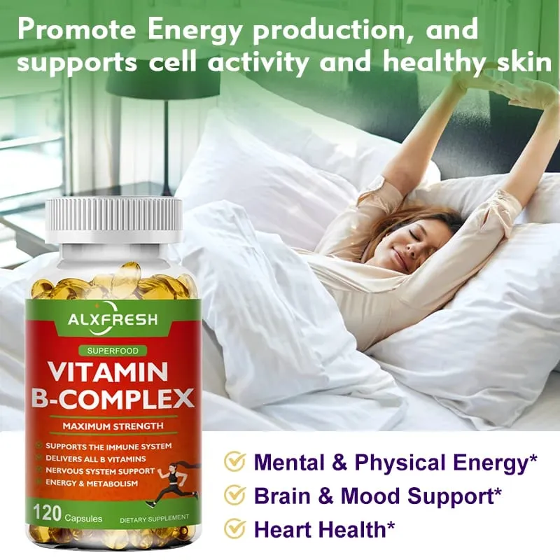 B-Complex Vitamins (B12 B1 B2 B3 B5 B6 B9 Folic Acid &Biotin) Capsule Liver Immune System Energy Support Nutrition Supplement
