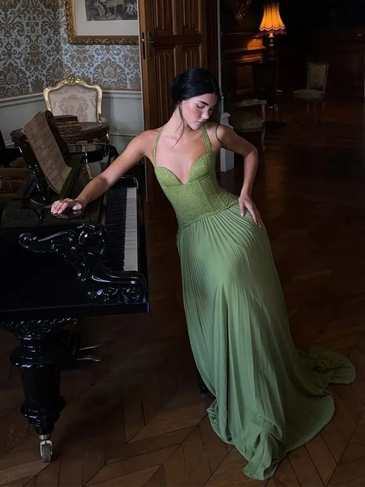Verde Chic Corsetto Halter Abito lungo Donna Solid Backless Off Spalla Pieghettato Patchwork Abiti slim 2026 Abito da donna Nuovo — image 2