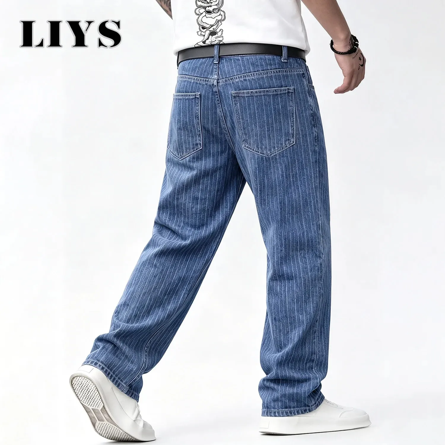 ผู้ชายแนวตั้งบางลาย Jacquard Baggy DENIM กางเกงคลาสสิกสีฟ้าหลวมขากว้างขาตรง VINTAGE ล้างกางเกงยีนส์