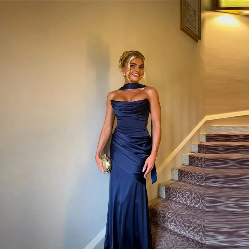 Women Sexy Pleated Strapless Satin Dress Chic Solid Off-Shoulder Backless High Waist Bodycon Dresses 2026 New Evening Party Gown — image 4