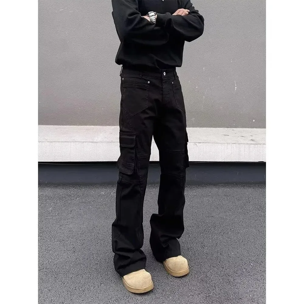 สไตล์อเมริกัน Vibe ย้อนยุคอุตสาหกรรมหนักหลายกระเป๋าประกบ workwear กางเกงยีนส์ผู้ชายหลอดตรงไมโครบานบางพอดีกระทะยาว — image 4