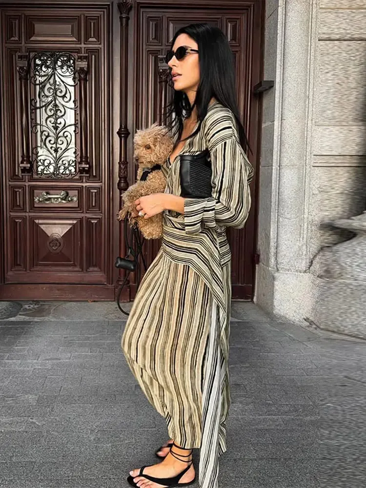 Casual Stripe Maxi ชุดเดรสผู้หญิงหลวมแขนยาวคอวีลึกข้อเท้าความยาวชุด 2026 ใหม่สุภาพสตรีฤดูร้อนวันหยุดชายหาดชุด — image 5