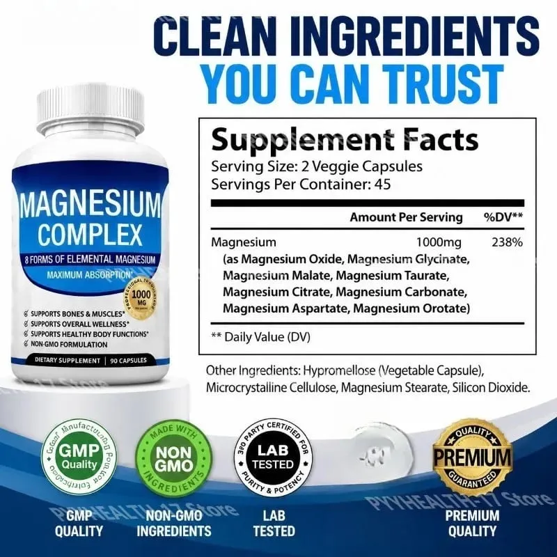 Nutrisi Magnesium Kapsul Kompleks 8 Bentuk Elemental Magnesium Mendukung Fungsi Tubuh Sehat 1000 Mg 90 Kapsul — image 3