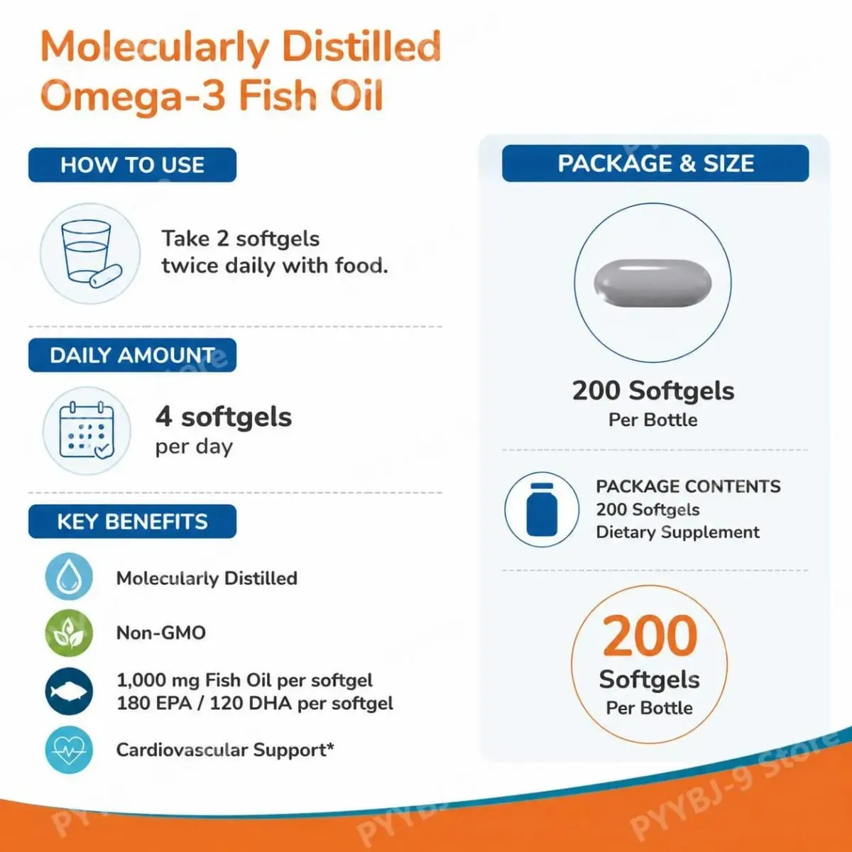 Omega 3 Fish Oil Softgels with EPA DHA Molecularly Distilled Heart Brain and Eye Health Support Easy to Swallow 200 Count — image 6