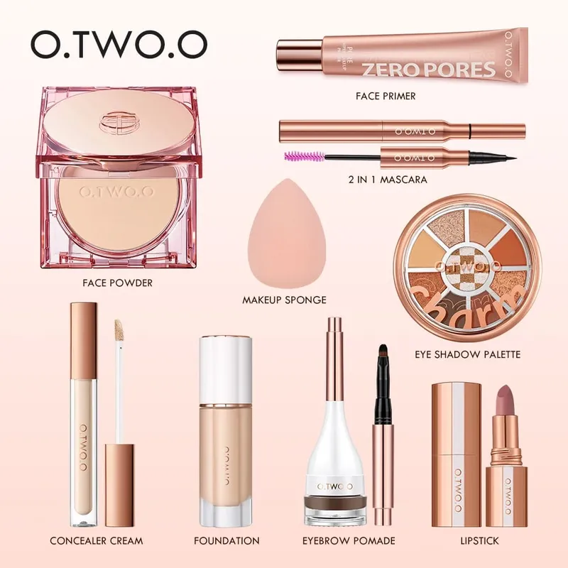 O.TWO.O 9st Full Makeup Ansiktsinställning Powder Primer Base Mascara Eyeliner Pen Ögonbrynsfärgad Läppstift Ögonskuggasminkning för kvinnor — image 2