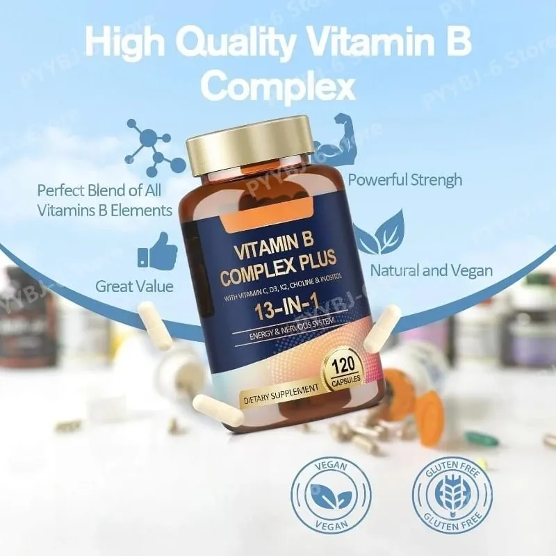 วิตามิน B Complex Plus13-in-1 120 มังสวิรัติแคปซูลพลังงานสนับสนุนสุขภาพภูมิคุ้มกัน Nerve Function Skin Wellness สารต้านอนุมูลอิสระอาหารเสริม — image 4