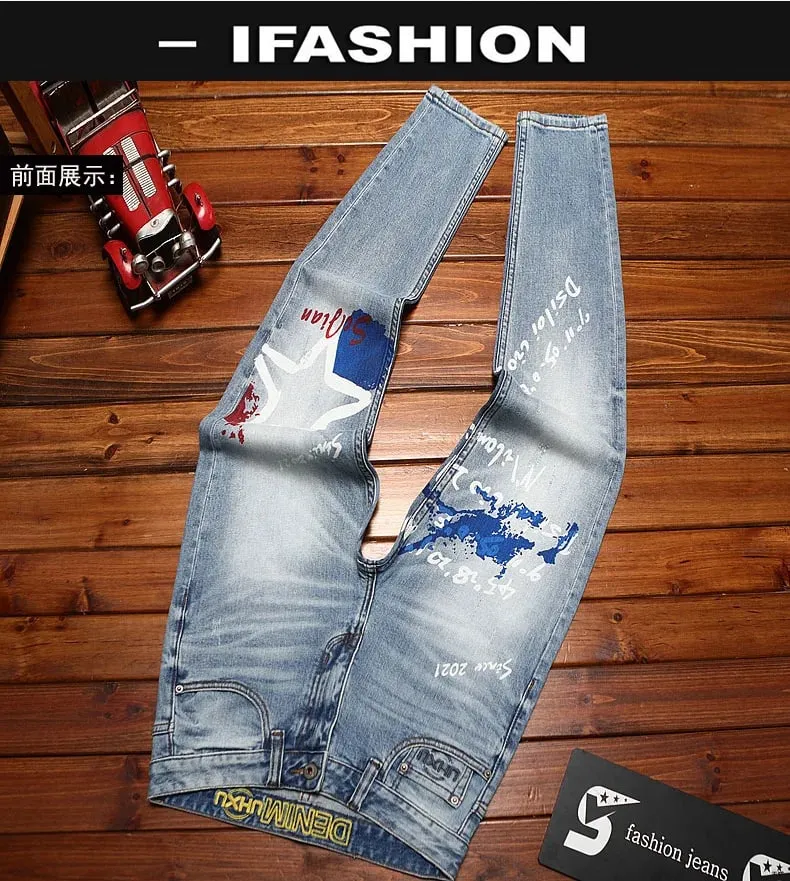 Seluar jeans bercetak bergaya untuk lelaki retro biru anjal slim fit kaki kecil fesyen jalanan seluar kasual denim mewah — image 7