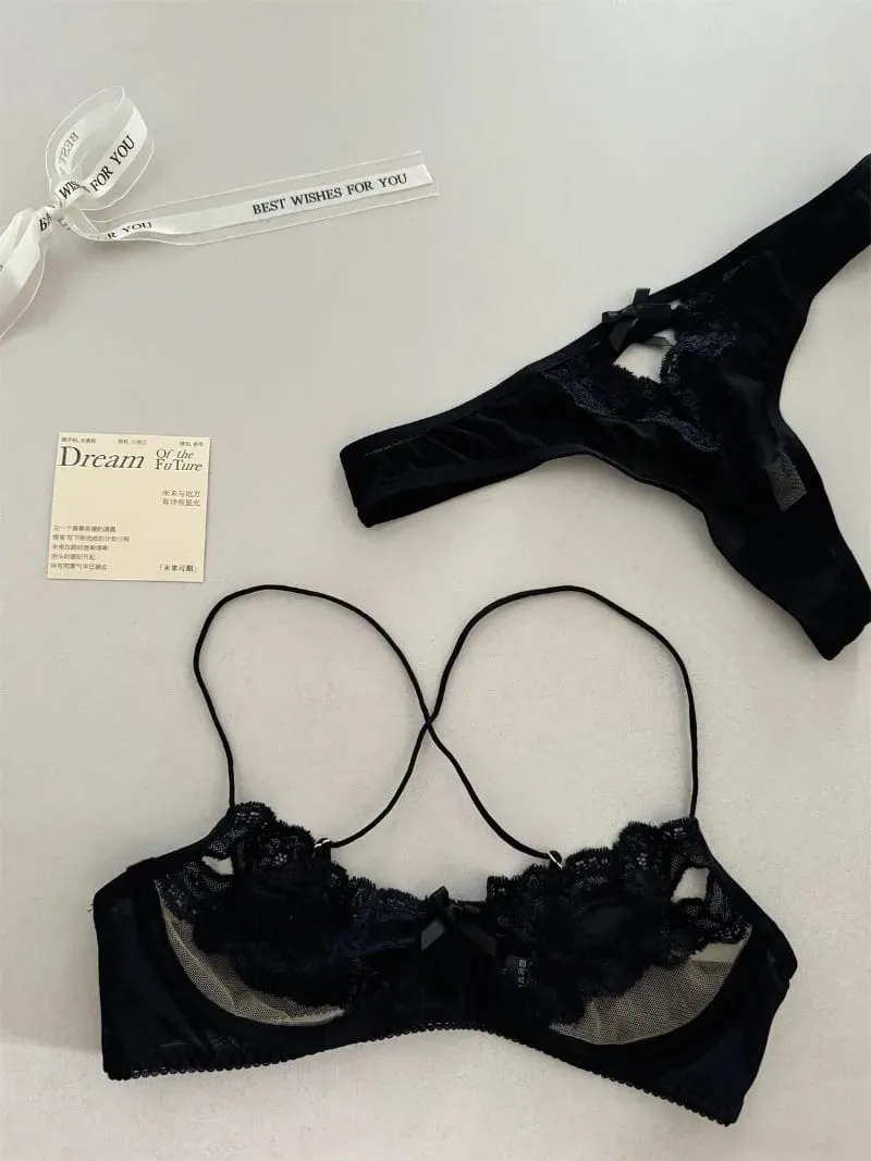Ensemble de sous-vêtements de soutien-gorge français, ajouré, nœud en dentelle, demi-tasse, Lingerie Sexy, ultra-mince, tentation, tenues érotiques chaudes — image 2