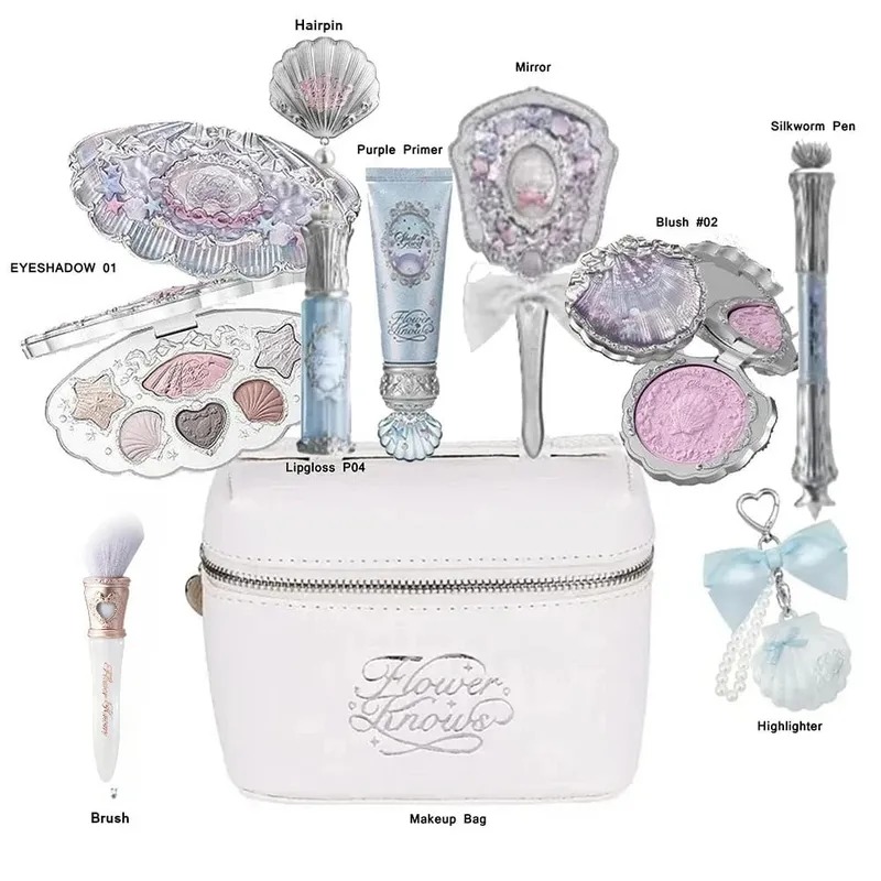 Flowerknow Shell's Jewel Collection 메이크업 세트 아이 섀도우 립 글로스 블러셔 올인원 베이킹 파우더 글리터 하이라이터 키트