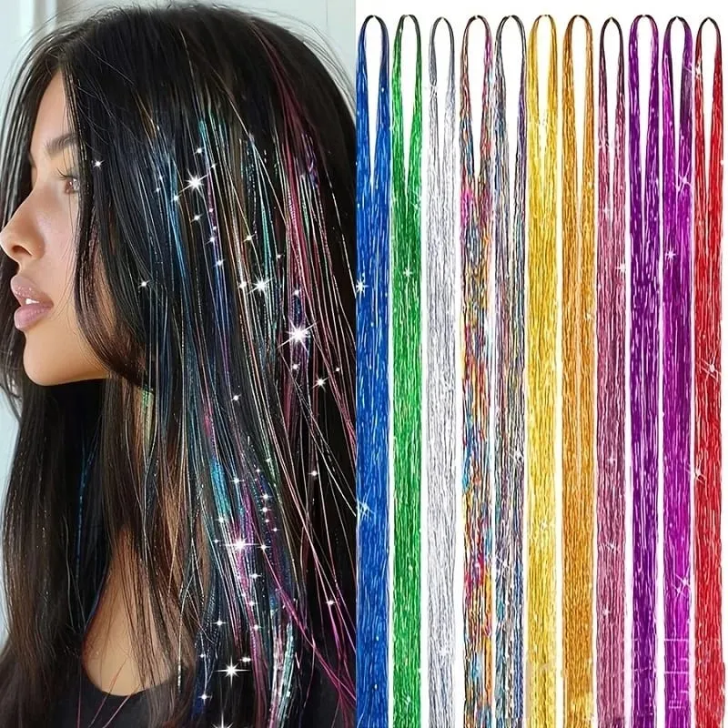 90cm Synthetic 3pcs/set Rainbow Colored Shiny Hair Laser Tinsel Long Straight Heat-Resistant Fairy Hair Extensions Party Daily — image 2