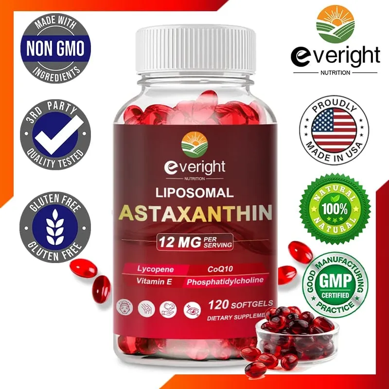 Liposomal Astaxanthin อาหารเสริม Lycopene CoQ10 Lutein วิตามิน B6 E สังกะสีสารต้านอนุมูลอิสระเพื่อสุขภาพผิวดวงตา Aging