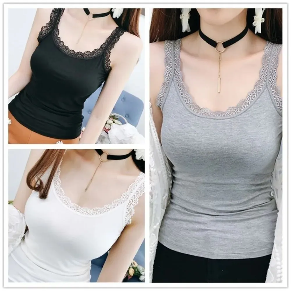 Casual U Neck Summer Tank Tops Sleeveless With Lace Fitted Tops Underwear Loose Cami Top Shirt for Women — image 2