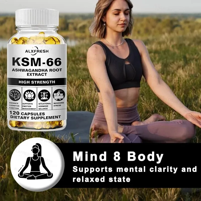 Natural Organic Ashwagandha KSM-66 Supplements Capsules for Stress Relief Focus Brain Energy Support Sleep Health Supplement