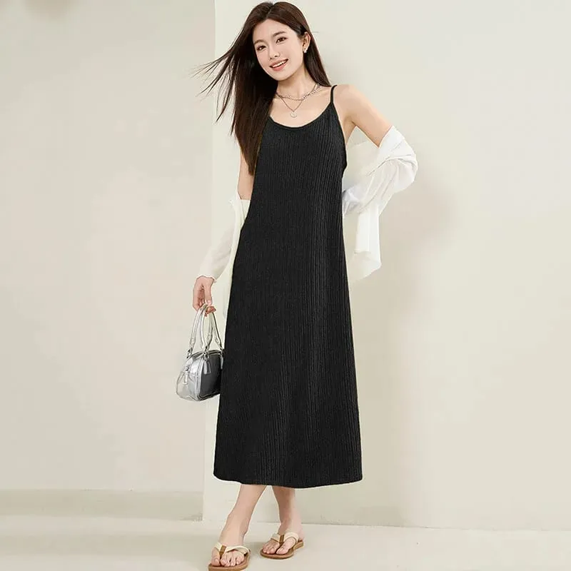 ผู้หญิงสปาเก็ตตี้ชุดสาย 2026 ฤดูร้อนสีทึบหลวม Long Beach Sundress Lasy Elegant ชุดราตรี Midi Dresses — image 5