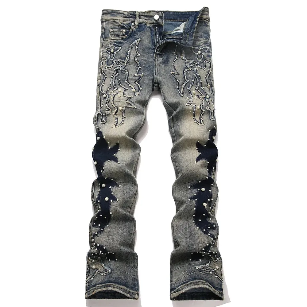 Pantalones vaqueros de mezclilla con corte de bota de perlas para hombre, parches bordados, pantalones acampanados ajustados, ropa de calle informal, pantalones azules Vintage