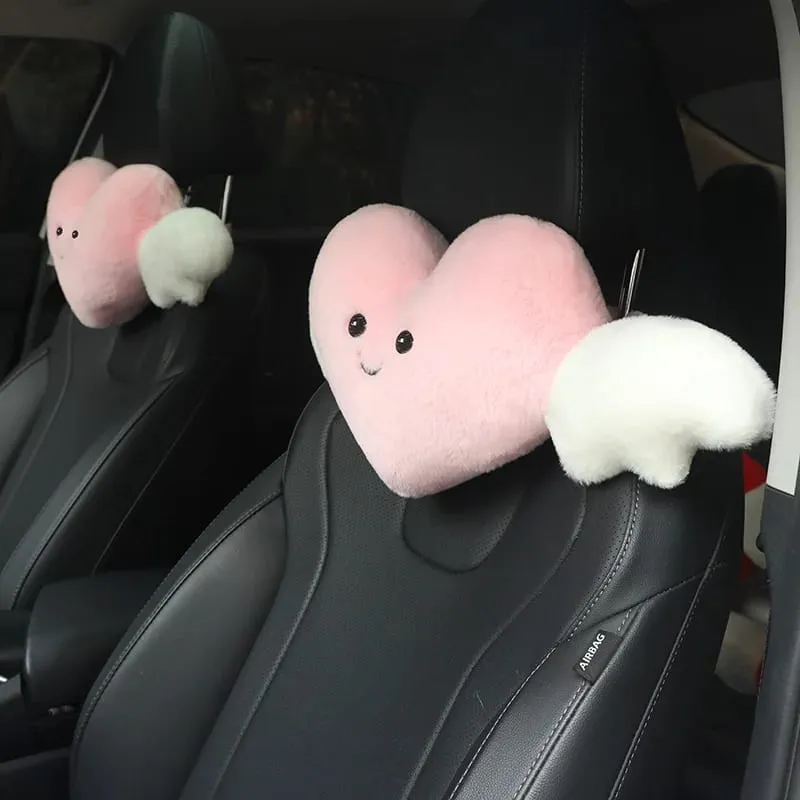 28x58cm 2Pcs Cute Heart‑Shaped Car Headrest Pillow With Angel Wings Soft Plush Auto Neck Support Cushion Car Seat Head Pillow — image 7