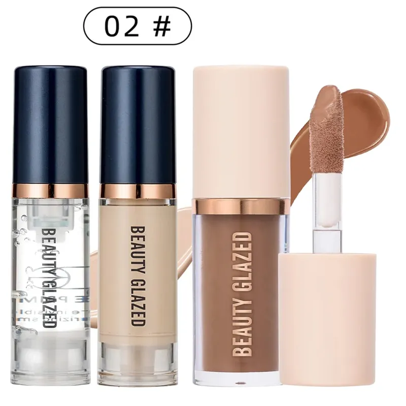 3 stk Ansigtsmakeup Sæt Flydende Foundation+Primer+ Liquid Contour Naturlig Vægtløs Langtidsholdbar Smudgeproof Bronzer