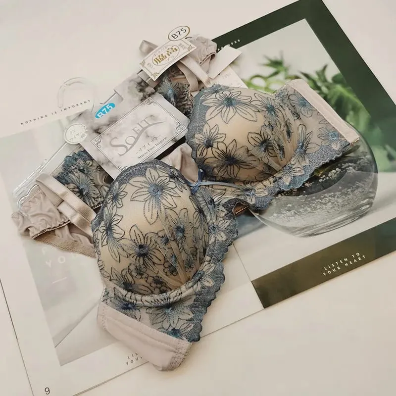 Neues, stützendes Spitzen-BH-Set, Luxusmodelle, Stickerei, hautfreundliche Dessous, kurzer Anzug, bequeme, kabellose Unterwäsche — image 5