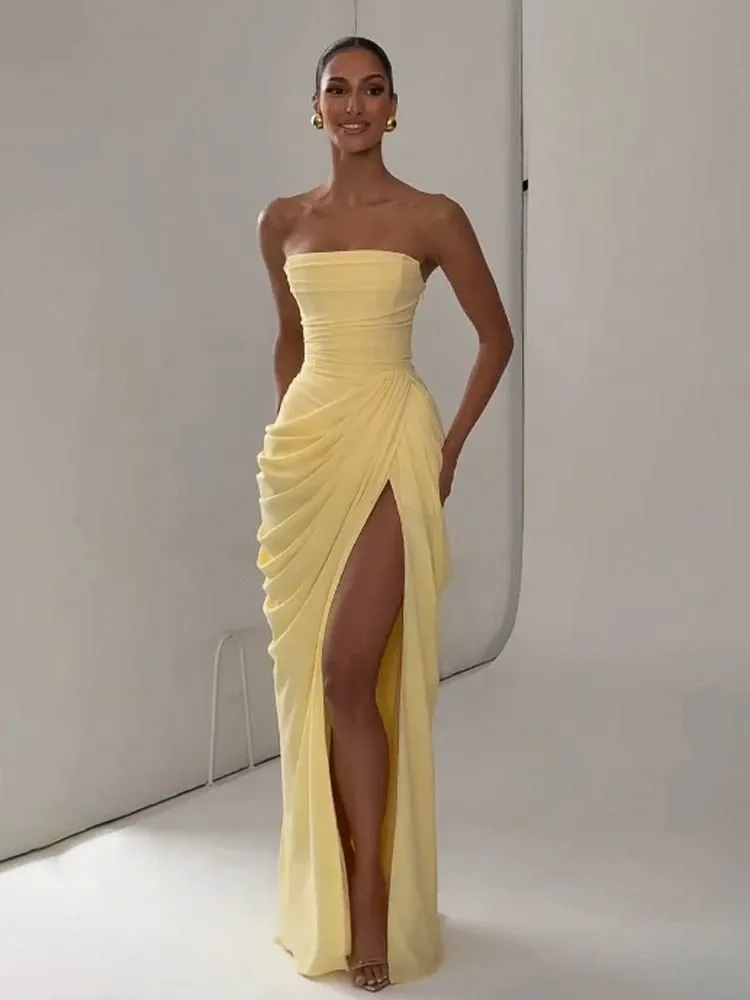 Elegantes, solides, plissiertes, trägerloses Maxikleid, gelb, schulterfrei, rückenfrei, hohe Taille, geteilte Robe, 2026, neues Damen-Abend-Partykleid — image 1