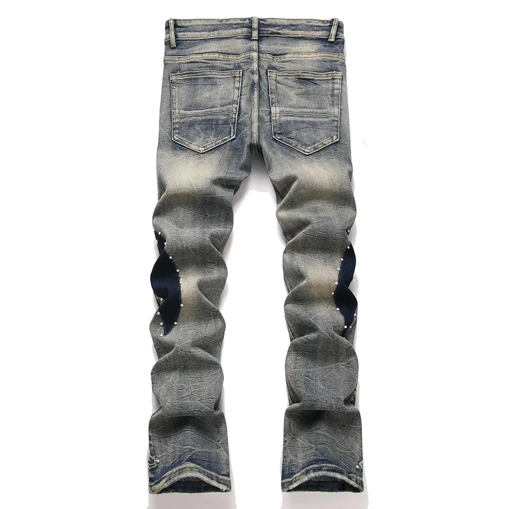 Pantalones vaqueros de mezclilla con corte de bota de perlas para hombre, parches bordados, pantalones acampanados ajustados, ropa de calle informal, pantalones azules Vintage — image 2