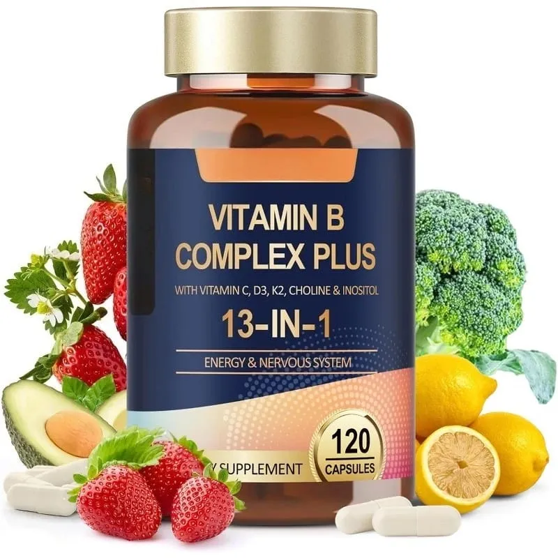 วิตามิน B Complex Plus13-in-1 120 มังสวิรัติแคปซูลพลังงานสนับสนุนสุขภาพภูมิคุ้มกัน Nerve Function Skin Wellness สารต้านอนุมูลอิสระอาหารเสริม