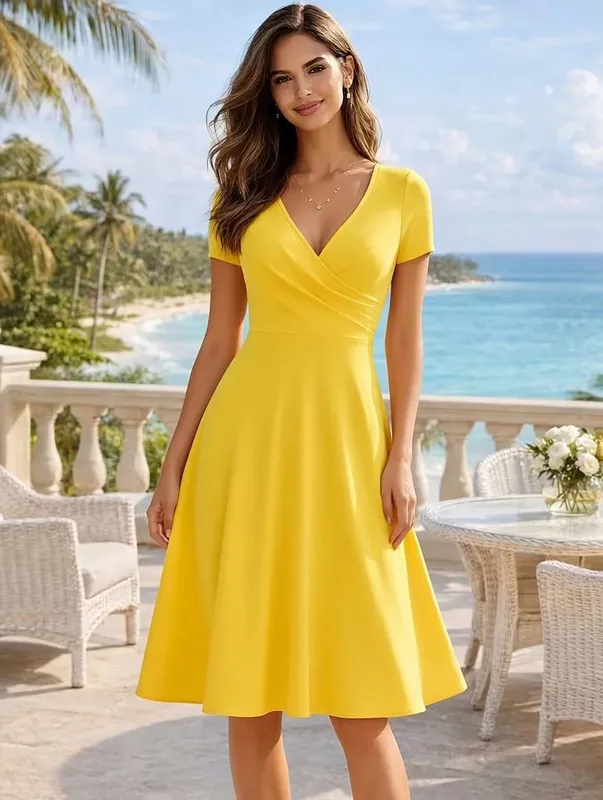 Damen-Kleid, elegant, Rundhalsausschnitt, Sommer, kurzärmelig, einfarbig, A-Linie, knielang, Kleid mit hoher Taille, für Party, Hochzeit, lässiger Abgang — image 9